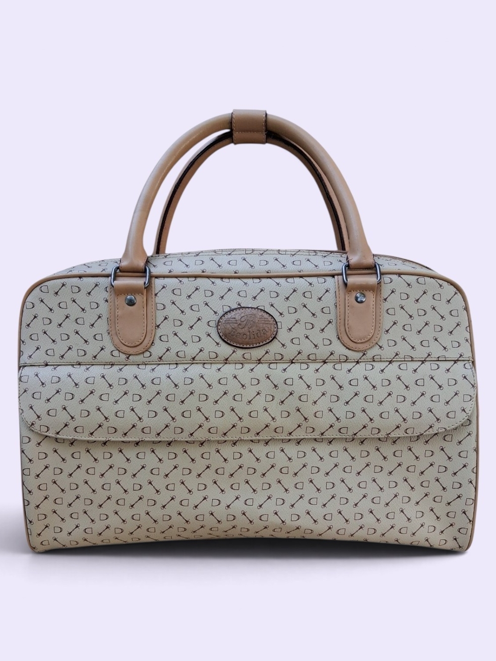 Vintage Baolida Beige Patterned Satchel Handbag with Tan Trim